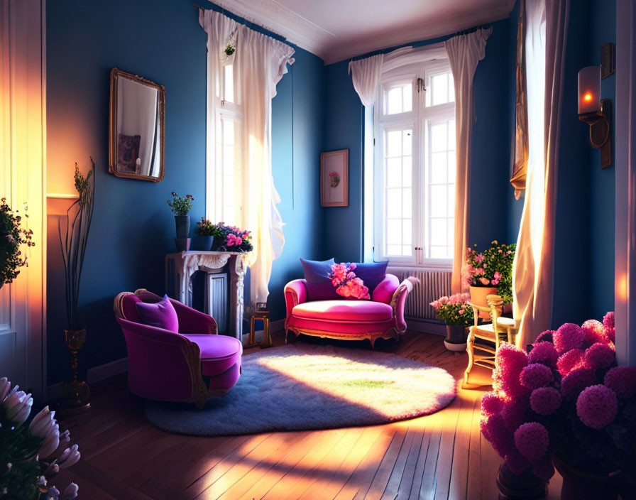 Purple Sofa and Armchair in Cozy Room with Blue Walls and Wooden Floor