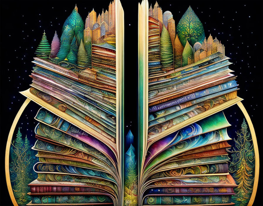 Colorful Whimsical Trees Landscape in Open Book Under Starry Sky