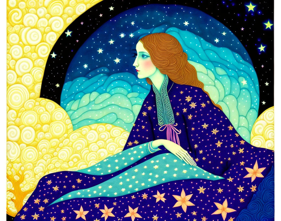 Stylized illustration of woman in star-patterned shawl with cosmic night sky vibe