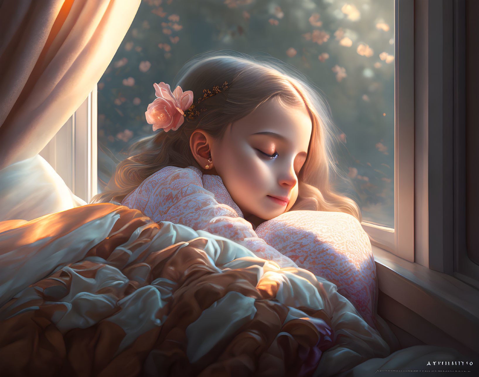 Young girl sleeping peacefully by window with sunlight and floral blossoms.