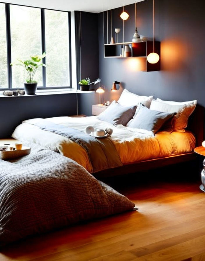 Warmly lit cozy bedroom with white and brown bed linen, wooden floor, pendant lights, and green