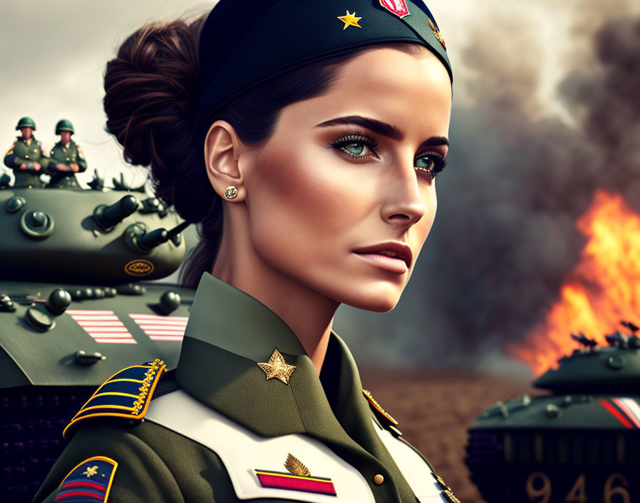 Stylized portrait of a woman in military uniform with tanks and soldiers in the background