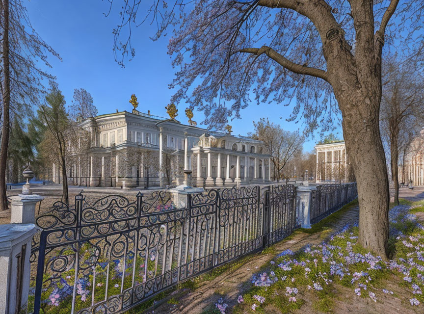 Classical building with wrought-iron fence, trees, purple flowers, blue sky