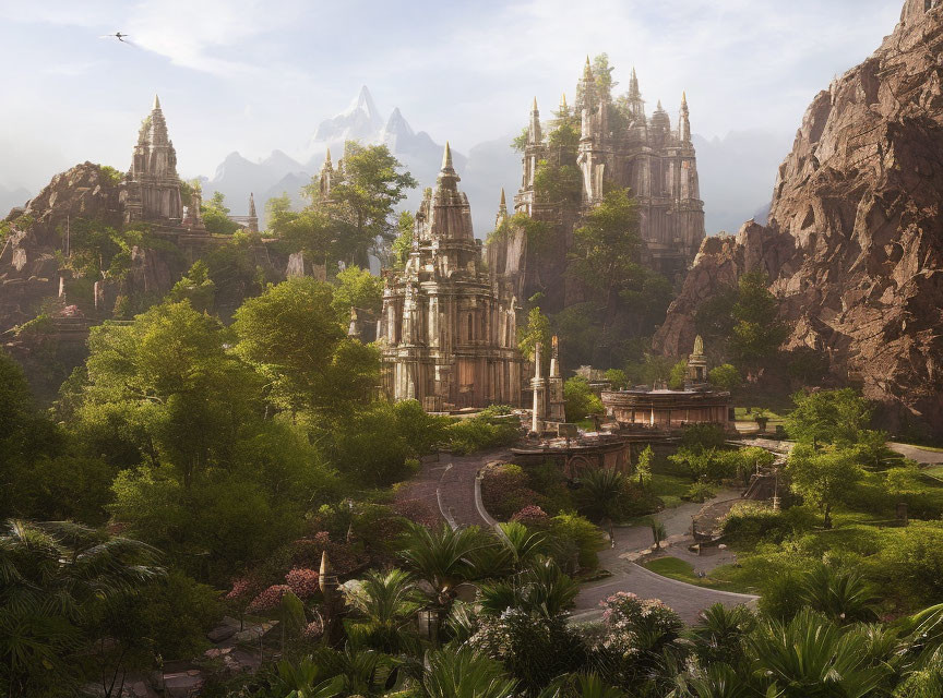 Ancient temples amidst lush greenery and rocky terrain with towering mountains.