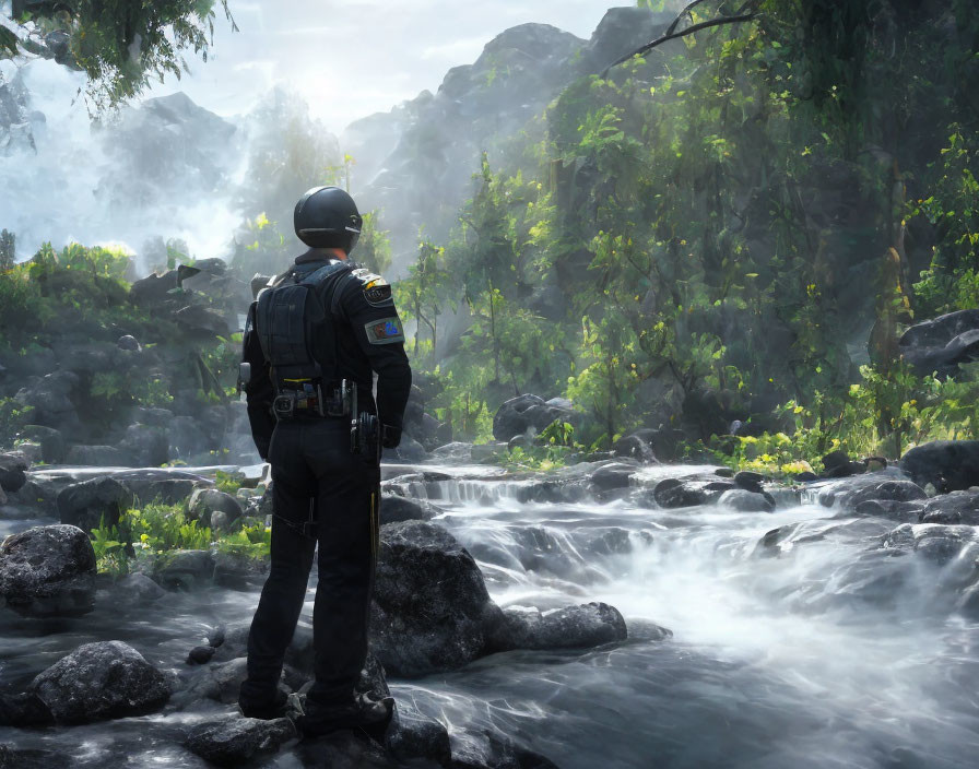 Uniformed Officer Standing on Rocks in Tranquil Stream Amidst Lush Greenery and Misty Forest