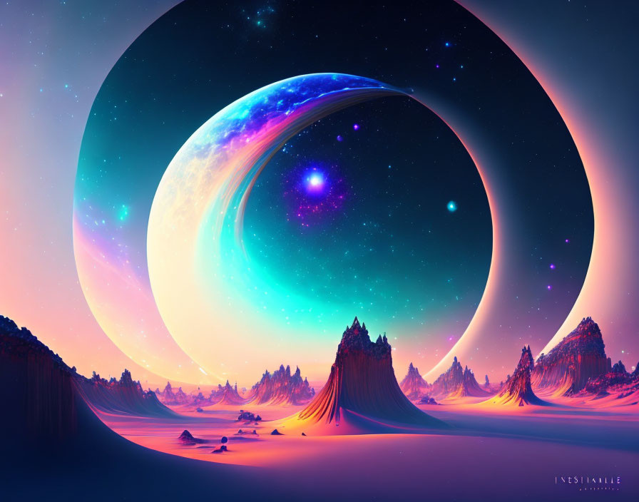 Digital Art: Oversized Celestial Bodies Over Desert Landscape