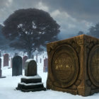 Snowy cemetery with ornate tombs and crosses under dark sky, star-shaped monument.