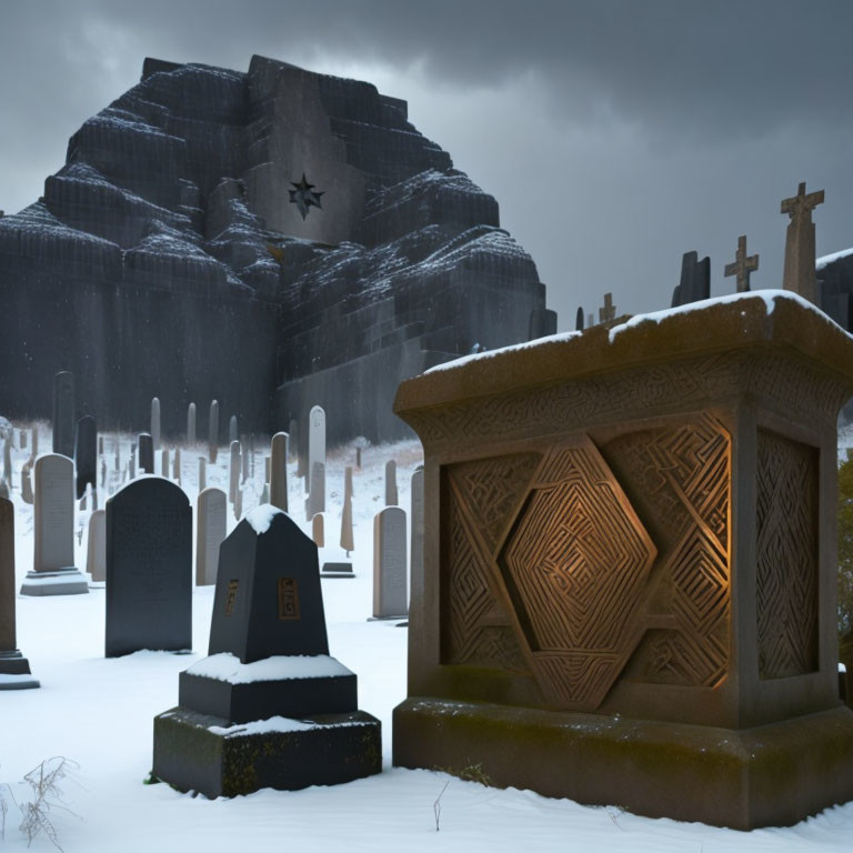 Snowy cemetery with ornate tombs and crosses under dark sky, star-shaped monument.