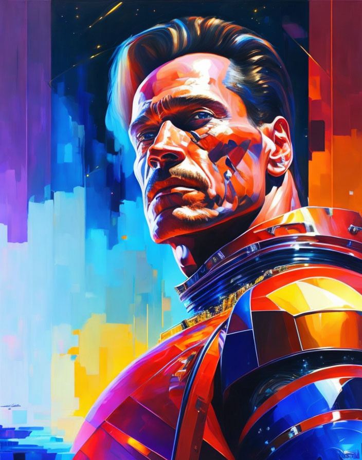 Vivid futuristic armor on male character in colorful portrait