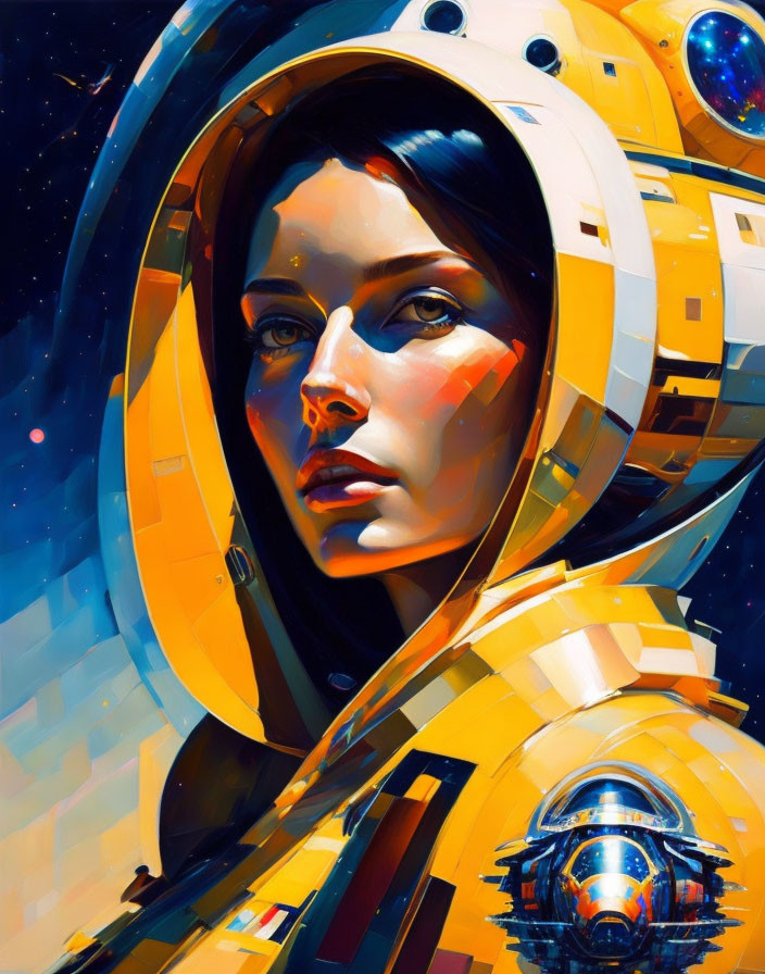 Illustrated woman astronaut in yellow helmet with reflective visor gazing at starry space.