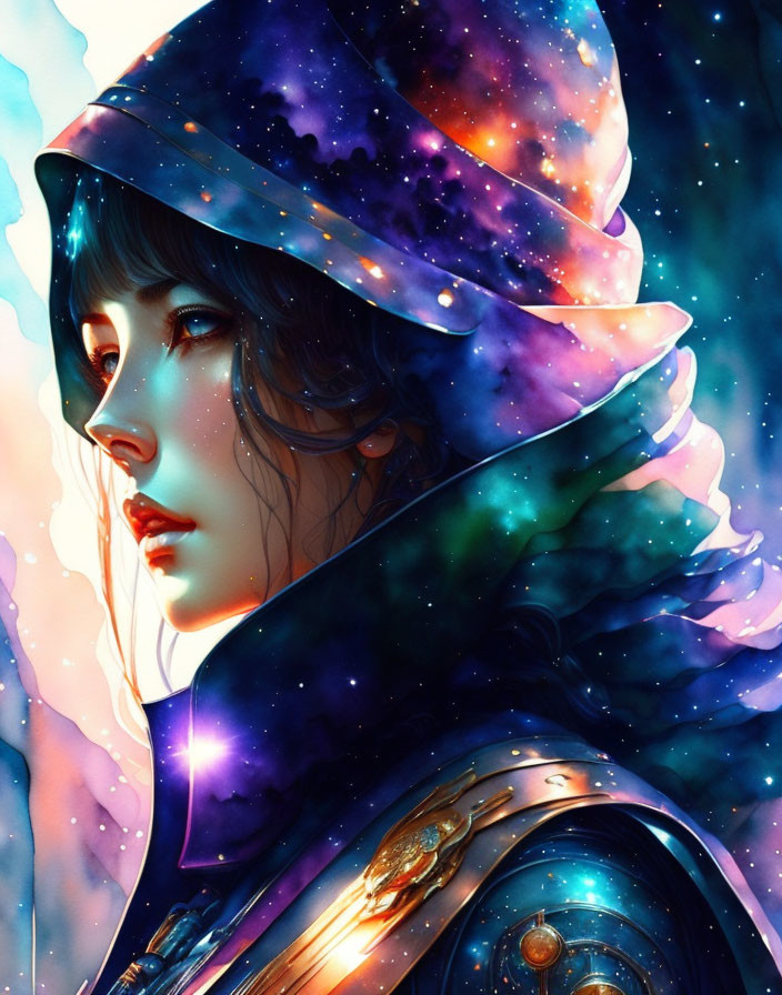 Digital Artwork: Person in Cosmic Cloak & Hat with Nebula Colors