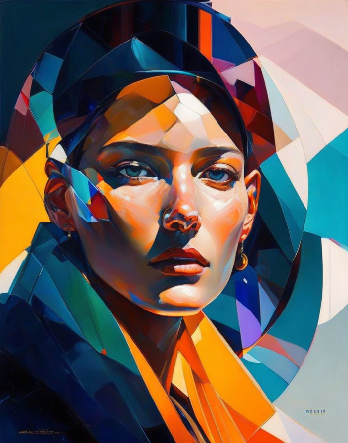 Colorful Geometric Portrait of Woman with Serious Expression