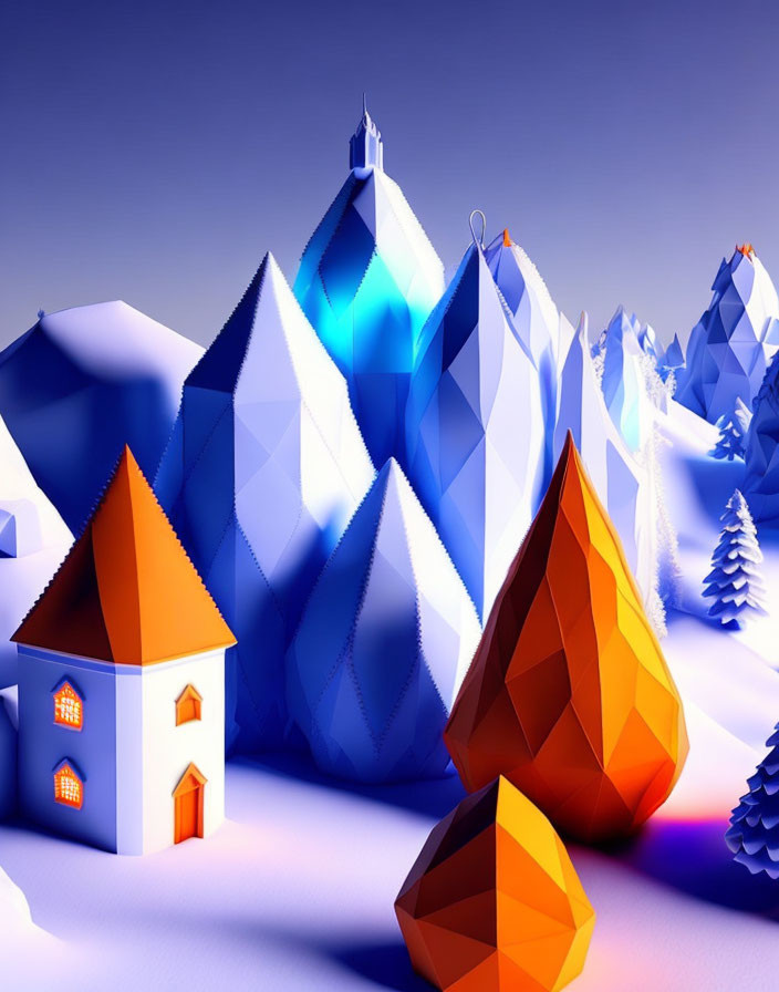 Colorful low-poly art: Snowy landscape with mountains, trees, and cozy house