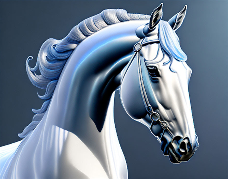 White Horse Head Digital Illustration with Blue Mane on Grey Background