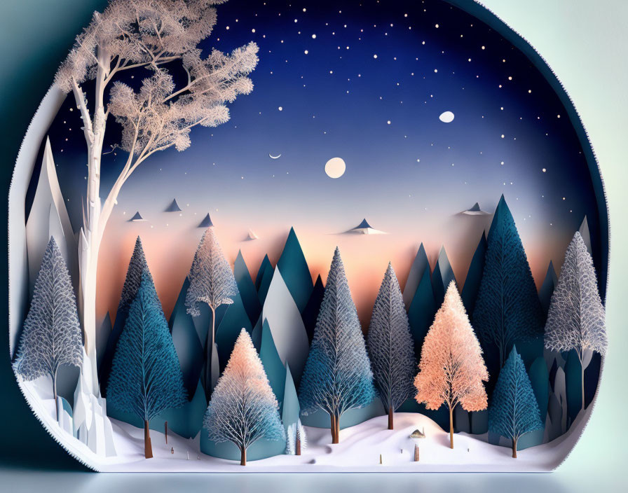 Blue and White Paper Art Forest Scene with Moonlit Sky