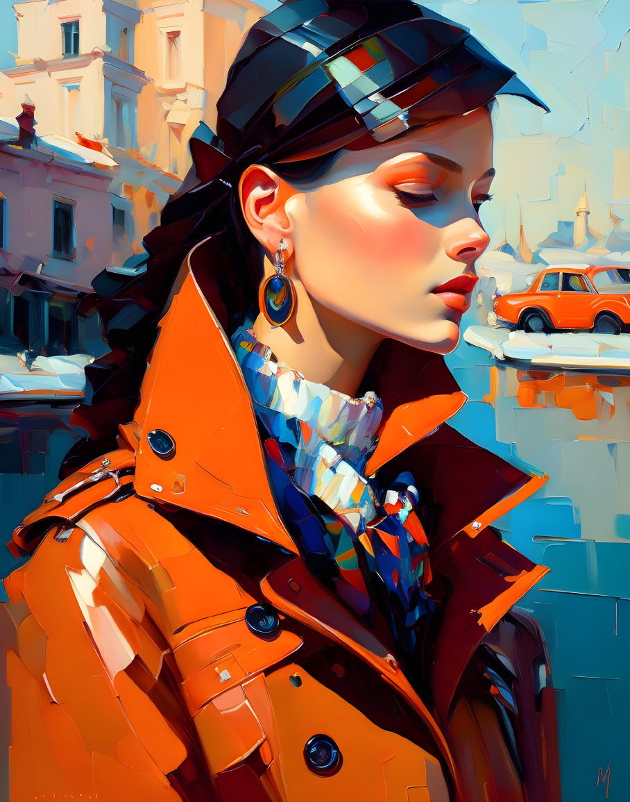 Vibrant digital artwork: woman in orange trench coat with plaid hat, abstract cityscape background