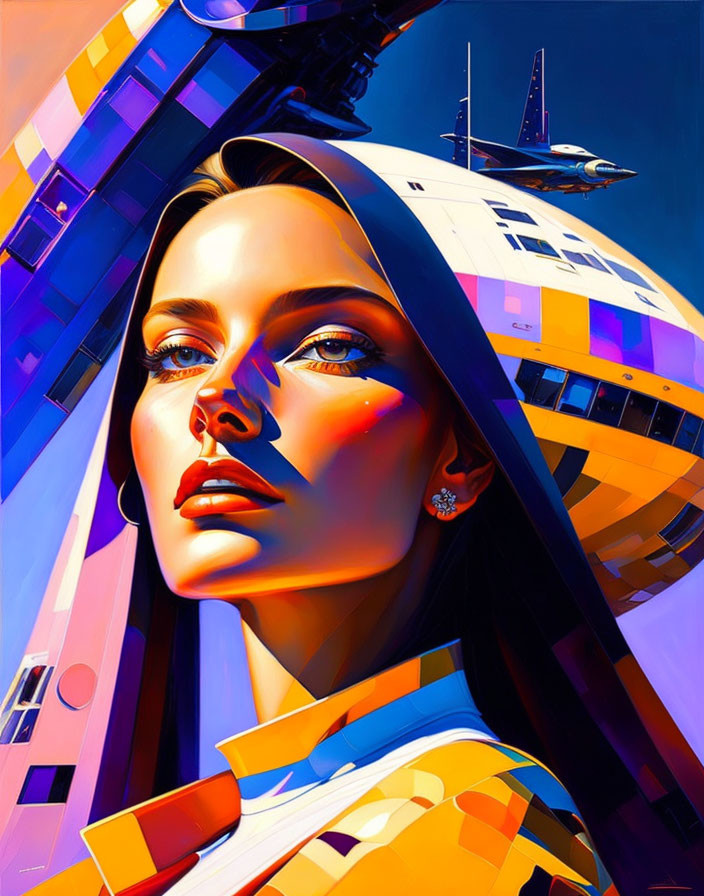 Futuristic portrait of woman with reflective skin tones in spaceship setting