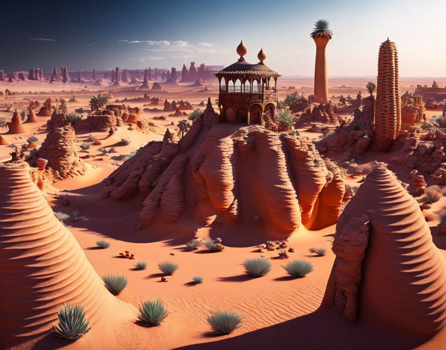 Ornate buildings in fantasy desert landscape under clear blue sky