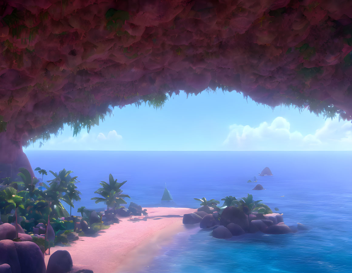 Scenic beach cave view with vibrant flora, ocean, sailboats, clear skies