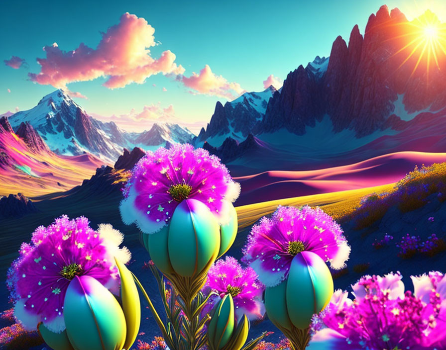 Colorful Fantasy Landscape with Purple Flowers, Rolling Hills, and Mountain Peaks