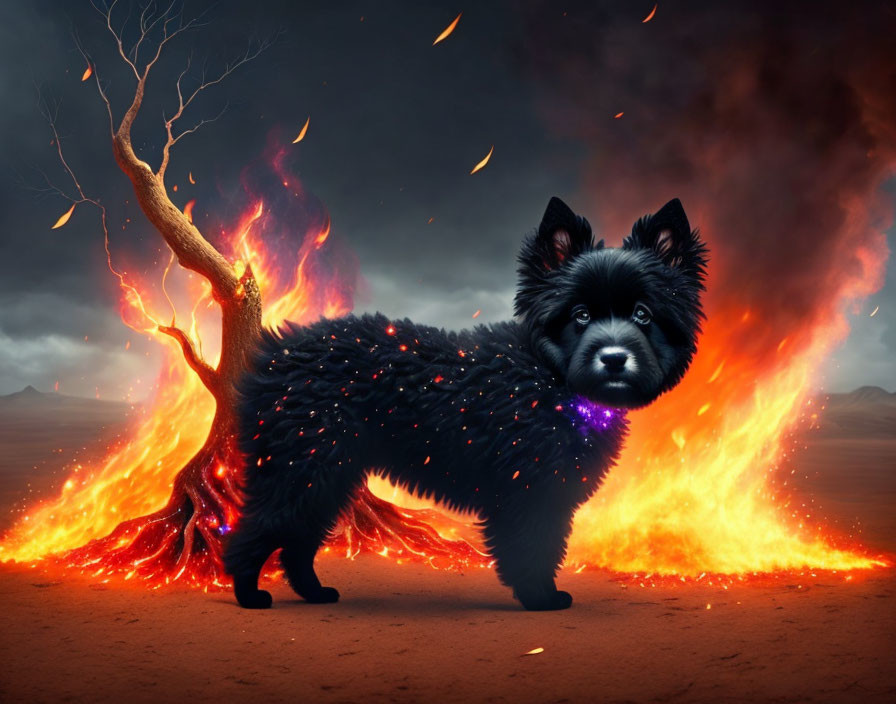 Black Dog with Violet Eyes in Dystopian Landscape with Fiery Tree