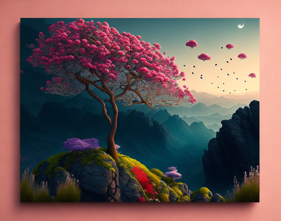 Digital Art: Pink Cherry Blossom Tree on Rocky Outcrop with Mountain Ranges at Sunset