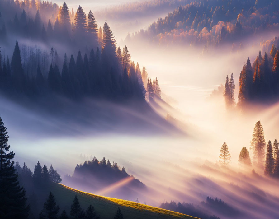 Sunbeams illuminate misty forest at sunrise with pine trees and golden meadow