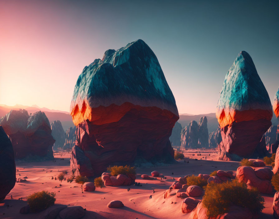 Colorful Rock Formations in Surreal Desert Sunset Scene