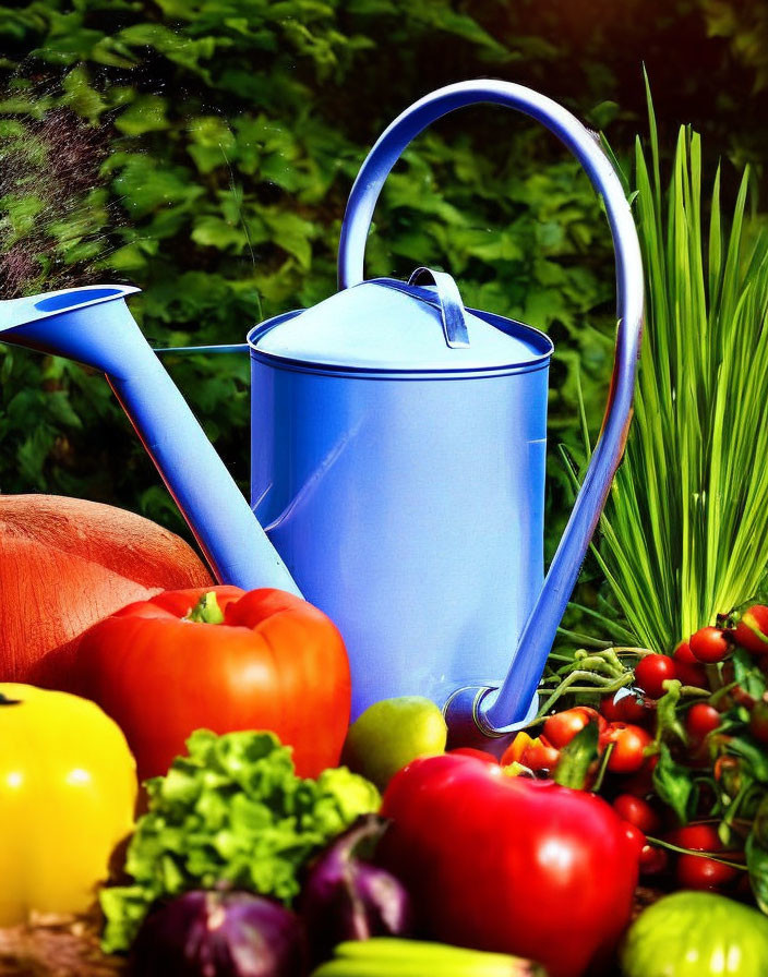 Colorful watering can with fresh vegetables and lush foliage.