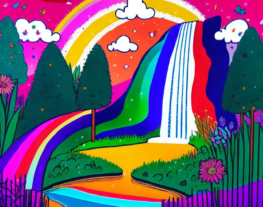 Vibrant landscape with rainbow waterfall, pine trees, flowers, river, starry sky