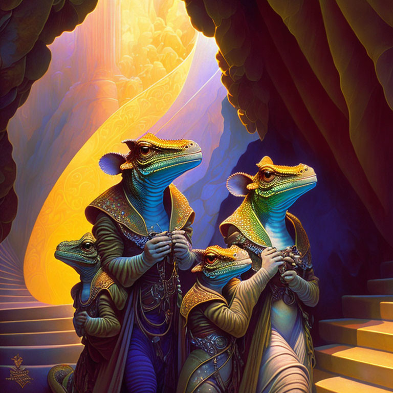 Anthropomorphic reptiles in regal attire before glowing golden structure