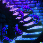 Vibrant purple bioluminescent lizard creatures in glowing cave