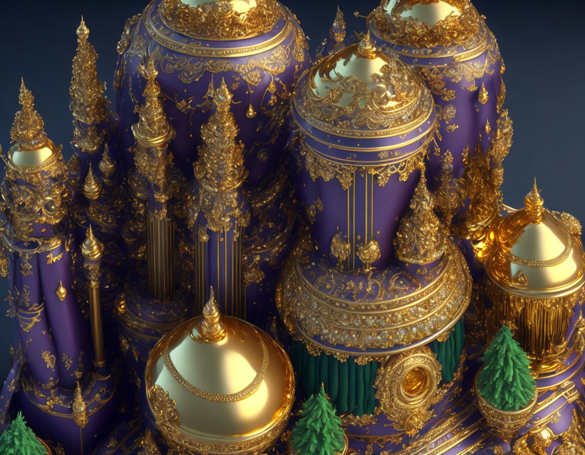 Golden architectural details on purple domes with classical columns and green trees - luxurious palace aesthetic