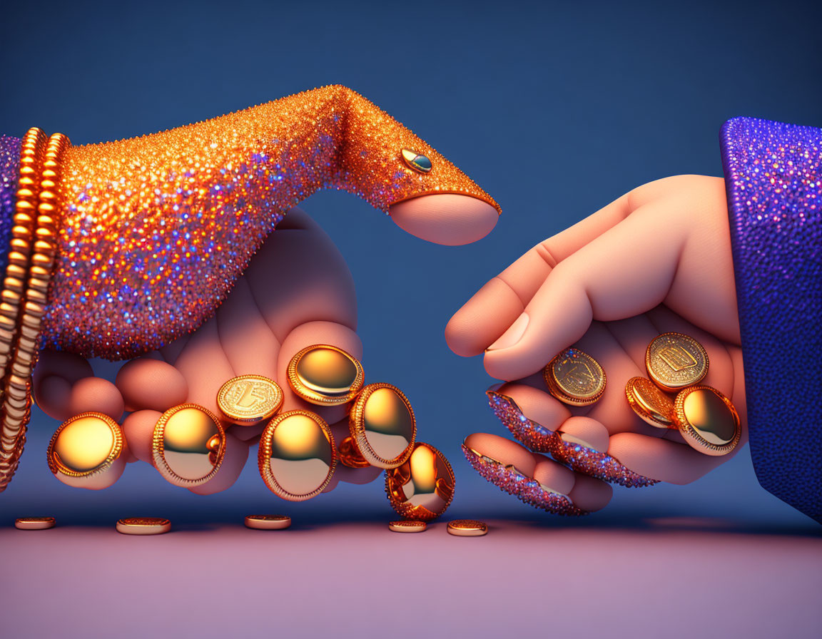 Colorful Glitter Hands Dropping Coins on Blue Background