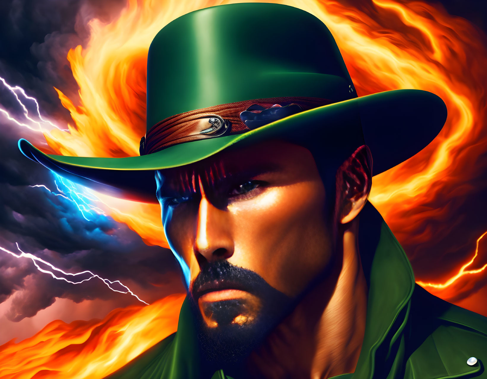 Intense man in green cowboy hat against fiery sky with blue lightning