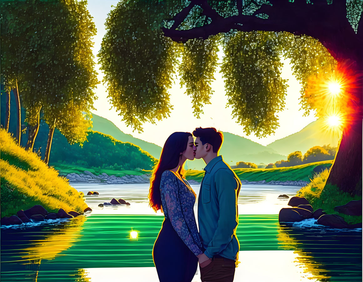 Romantic sunset kiss by river under tree