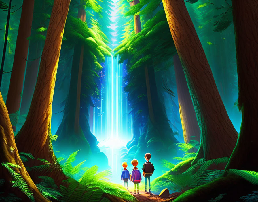 Children admiring mystical blue waterfall in vibrant forest