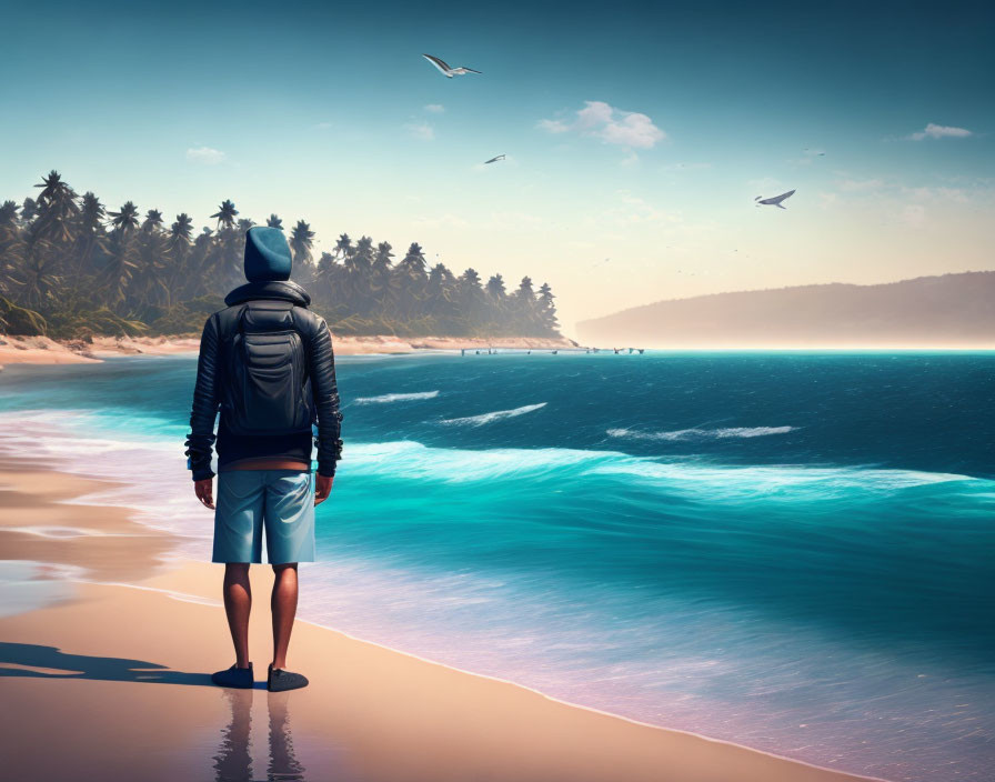 Person in hoodie and shorts on sandy beach with turquoise sea, palm trees, and birds in background.