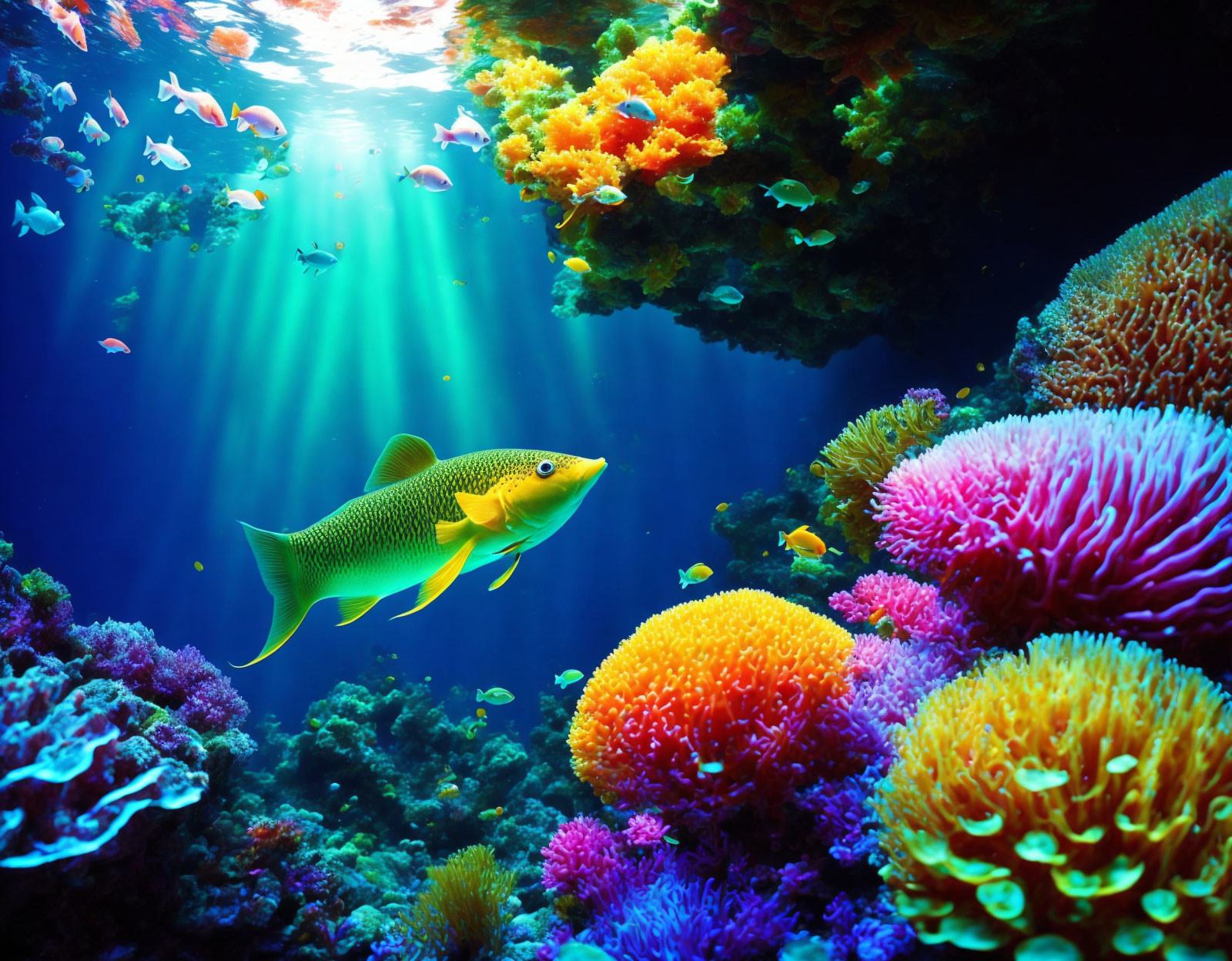 Colorful Underwater Scene with Green Fish, Corals, and Anemones