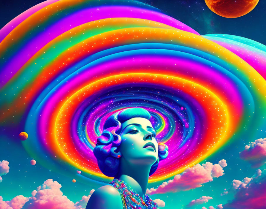 Colorful surreal portrait with cosmic skies and planets in retro style.