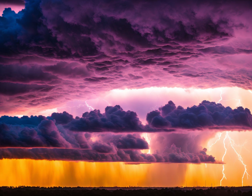 Intense lightning strikes in dramatic purple and orange clouds.