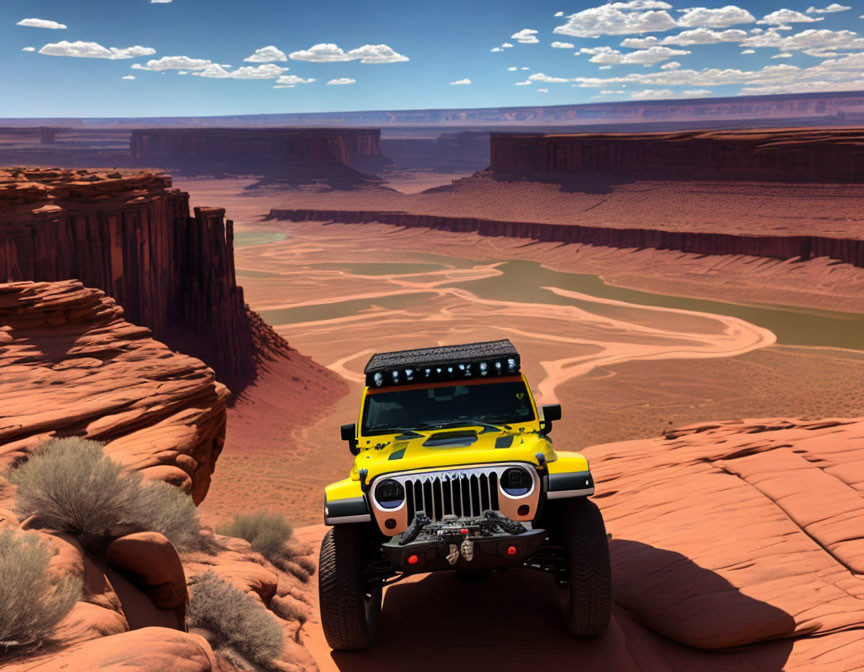 Yellow Off-Road Vehicle on Red Desert Trail Amid Desert Cliffs