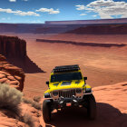 Yellow Off-Road Vehicle on Red Desert Trail Amid Desert Cliffs