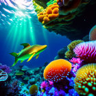 Colorful Underwater Scene with Green Fish, Corals, and Anemones