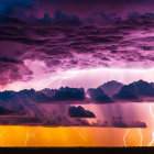 Intense lightning strikes in dramatic purple and orange clouds.