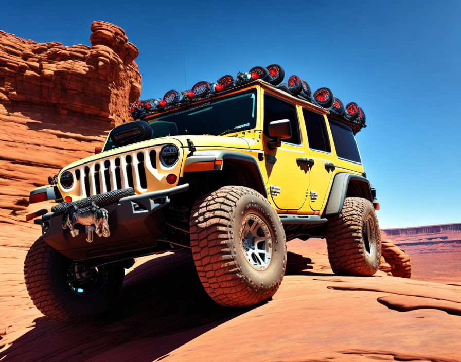 Bright Yellow Off-Road Vehicle on Rocky Terrain with Extra Lights and Sturdy Tires