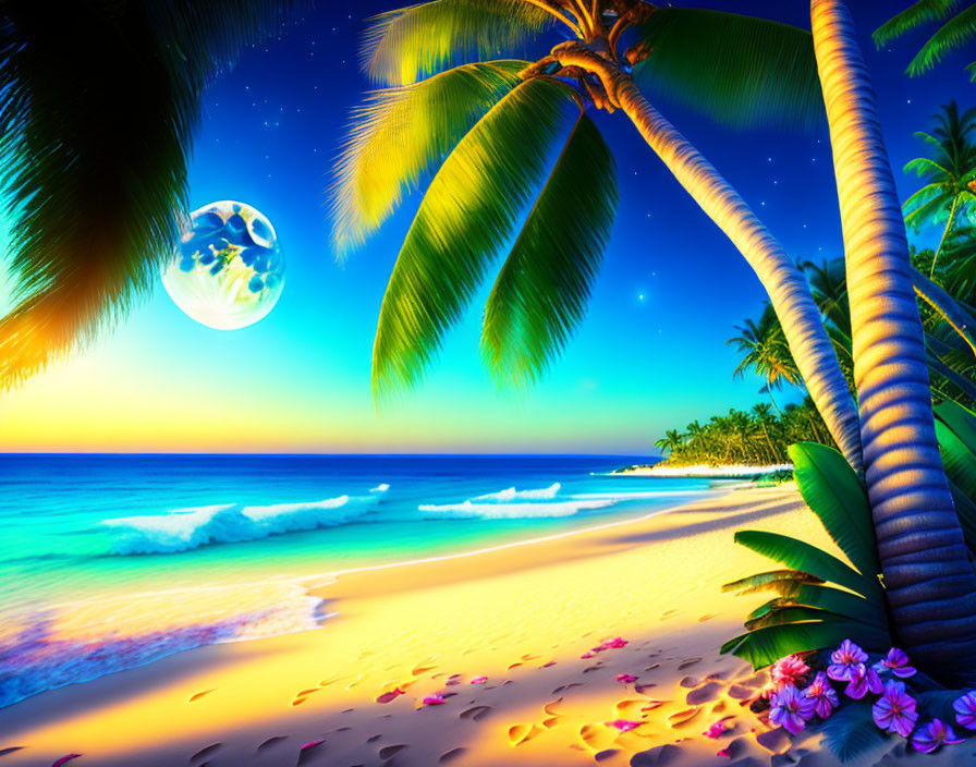 Tropical beach twilight scene with palm trees, moon, stars, colorful flowers, ocean, and sunset