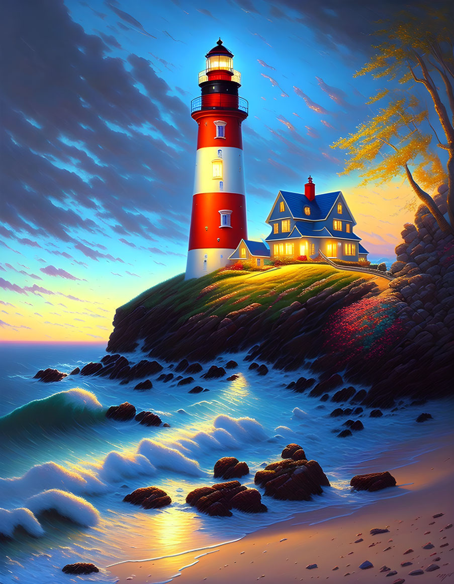 Colorful sunset scene with lighthouse, waves, and cozy house on cliff