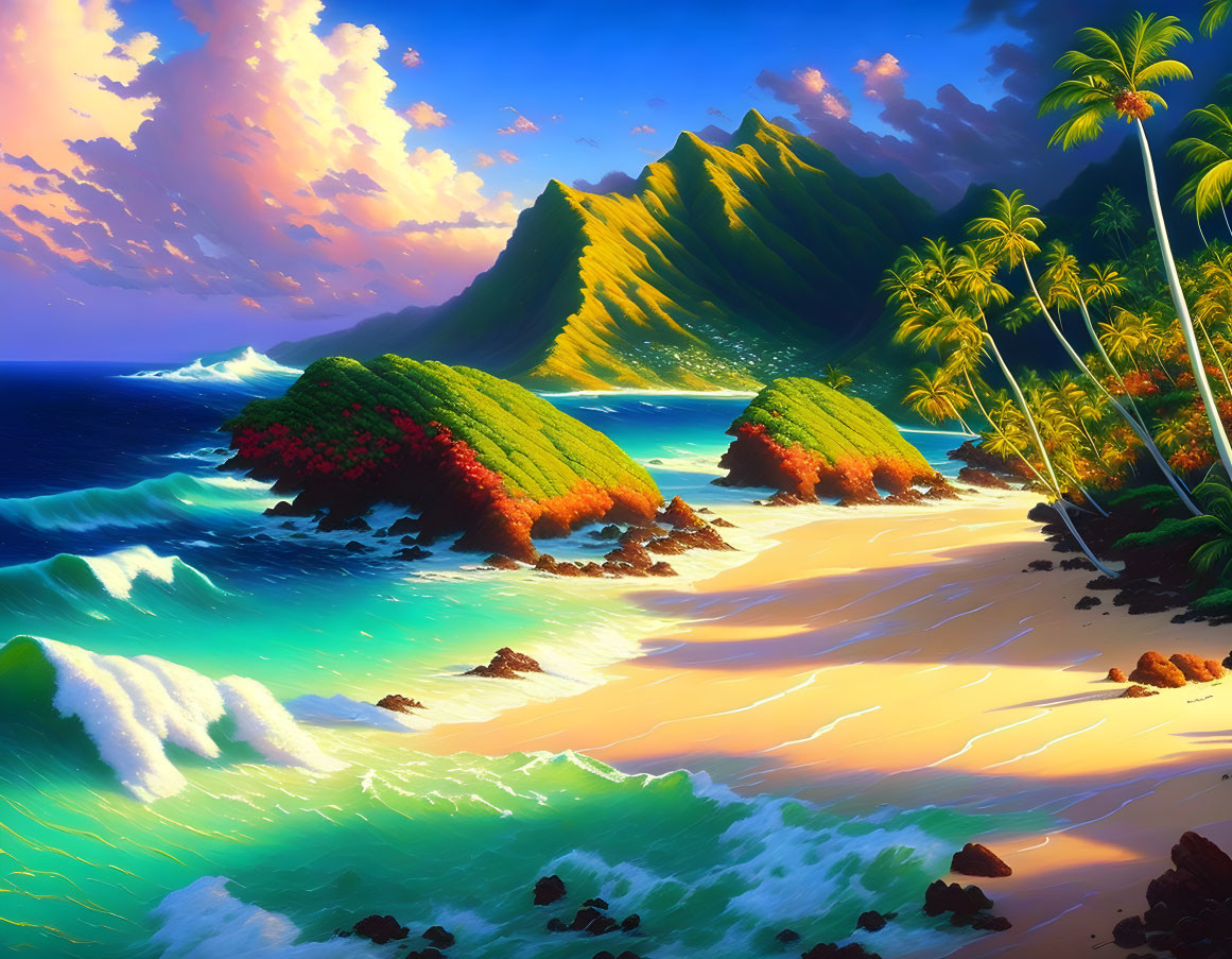 Tropical beach landscape with green mountains, palm trees, colorful skies, and crashing waves