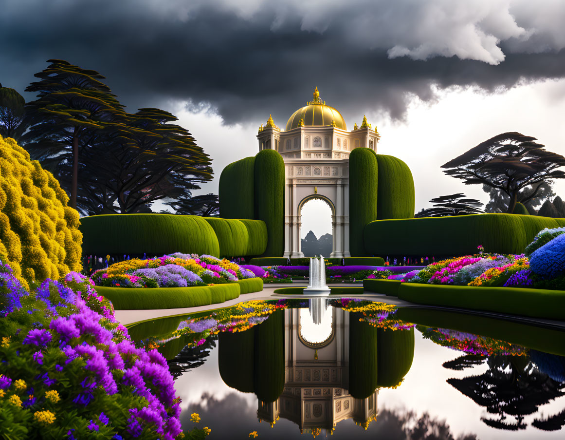 Golden-domed structure surrounded by vibrant gardens and sculpted hedges under stormy sky, reflected in